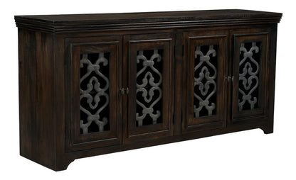 76" Brown Distressed Solid Wood Sideboard Soft Close with Four Glass Doors HomeRoots