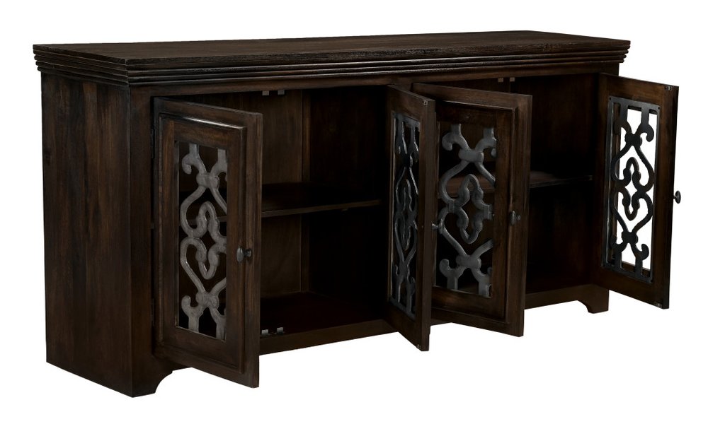 76" Brown Distressed Solid Wood Sideboard Soft Close with Four Glass Doors HomeRoots