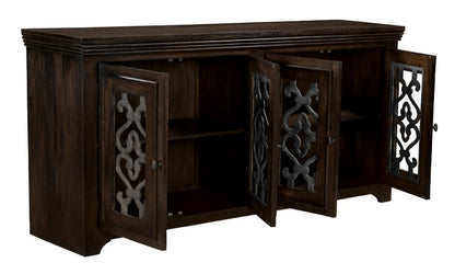 76" Brown Distressed Solid Wood Sideboard Soft Close with Four Glass Doors HomeRoots