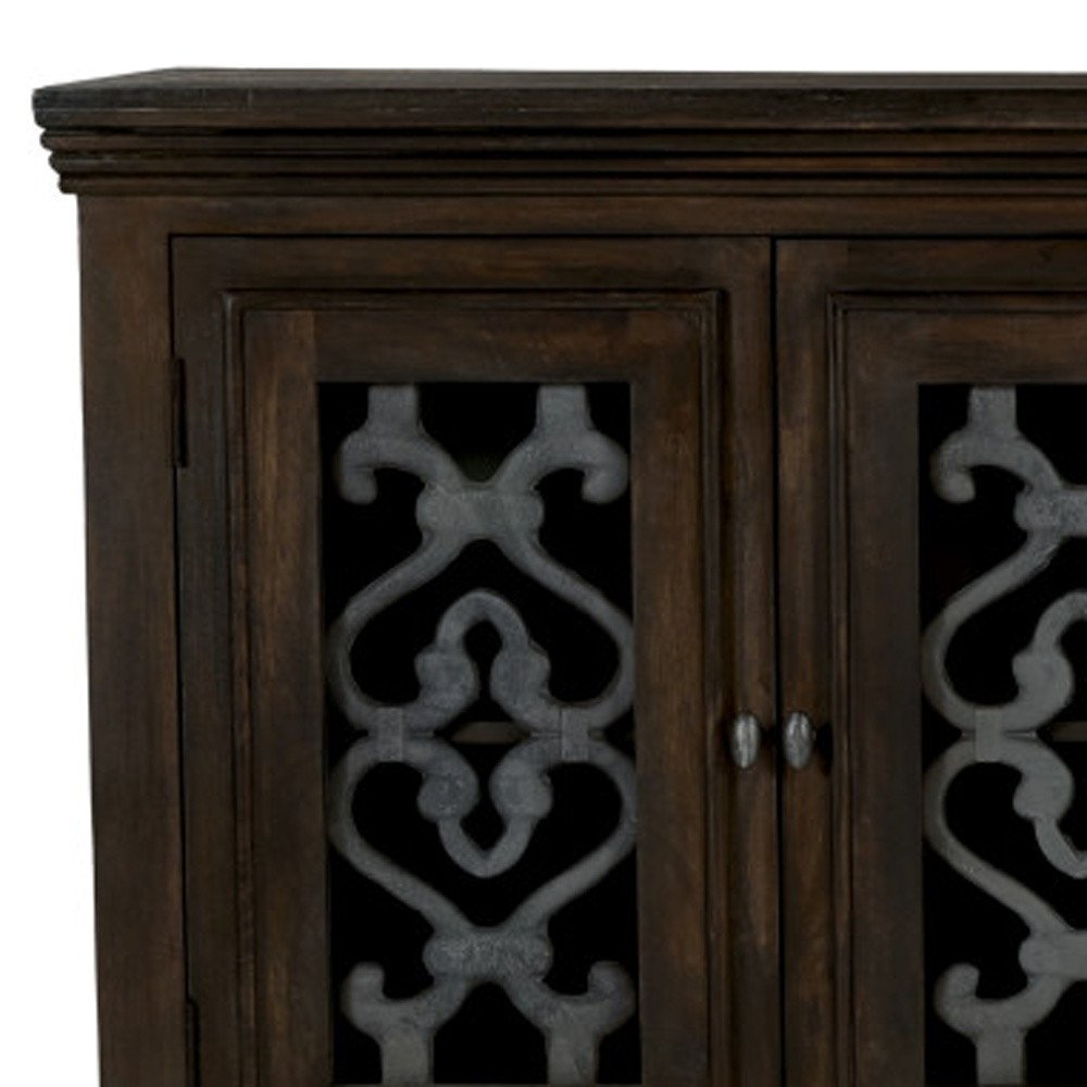 76" Brown Distressed Solid Wood Sideboard Soft Close with Four Glass Doors HomeRoots