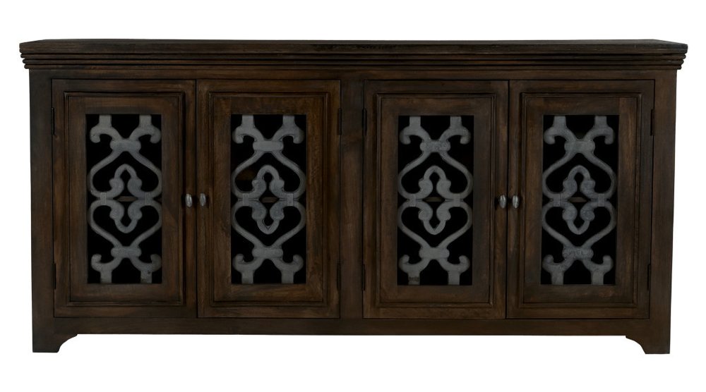 76" Brown Distressed Solid Wood Sideboard Soft Close with Four Glass Doors HomeRoots