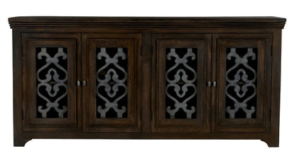 76" Brown Distressed Solid Wood Sideboard Soft Close with Four Glass Doors HomeRoots