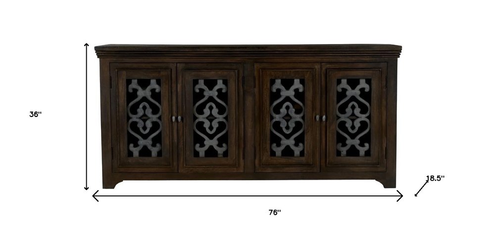 76" Brown Distressed Solid Wood Sideboard Soft Close with Four Glass Doors HomeRoots