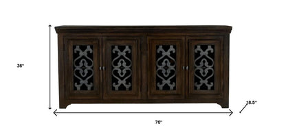 76" Brown Distressed Solid Wood Sideboard Soft Close with Four Glass Doors HomeRoots
