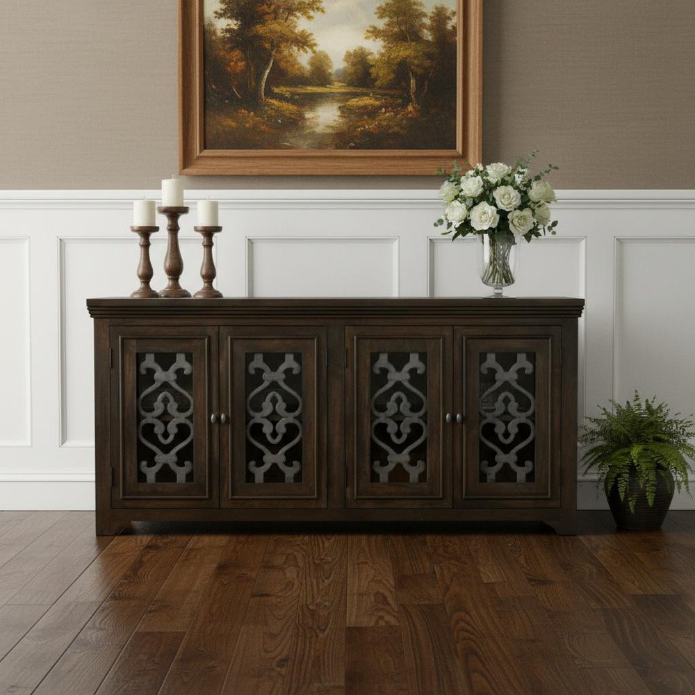 76" Brown Distressed Solid Wood Sideboard Soft Close with Four Glass Doors HomeRoots