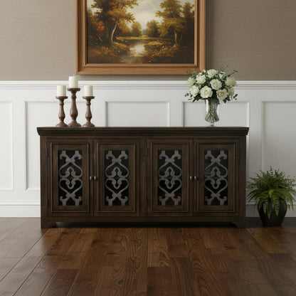 76" Brown Distressed Solid Wood Sideboard Soft Close with Four Glass Doors HomeRoots