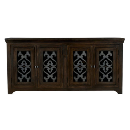 76" Brown Distressed Solid Wood Sideboard Soft Close with Four Glass Doors HomeRoots