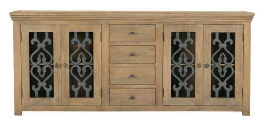 84" Natural Distressed Solid Wood And Iron Carved Scrollwork Four Drawer Sideboard With Four Glass Doors