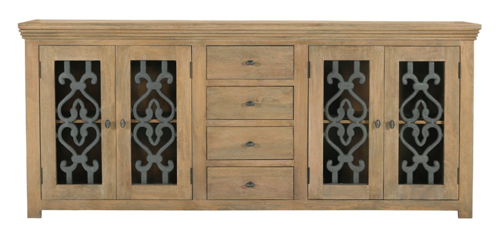 84" Natural Distressed Solid Wood Four Drawer Sideboard Soft Close with Four Glass Doors HomeRoots