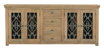 84" Natural Distressed Solid Wood Four Drawer Sideboard Soft Close with Four Glass Doors HomeRoots