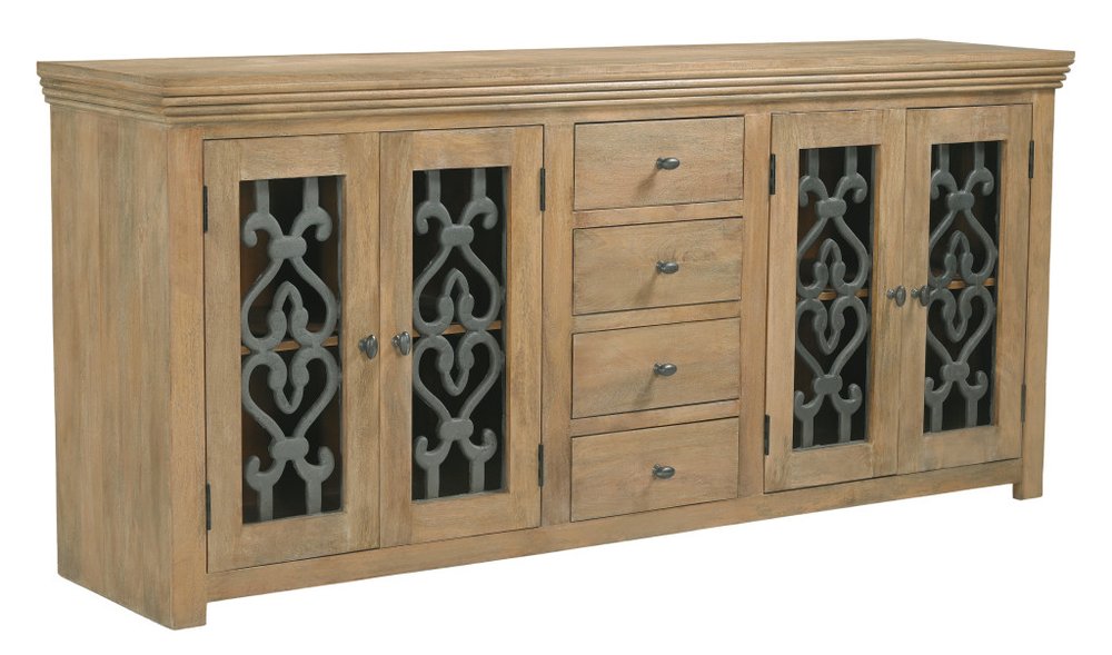 84" Natural Distressed Solid Wood Four Drawer Sideboard Soft Close with Four Glass Doors HomeRoots