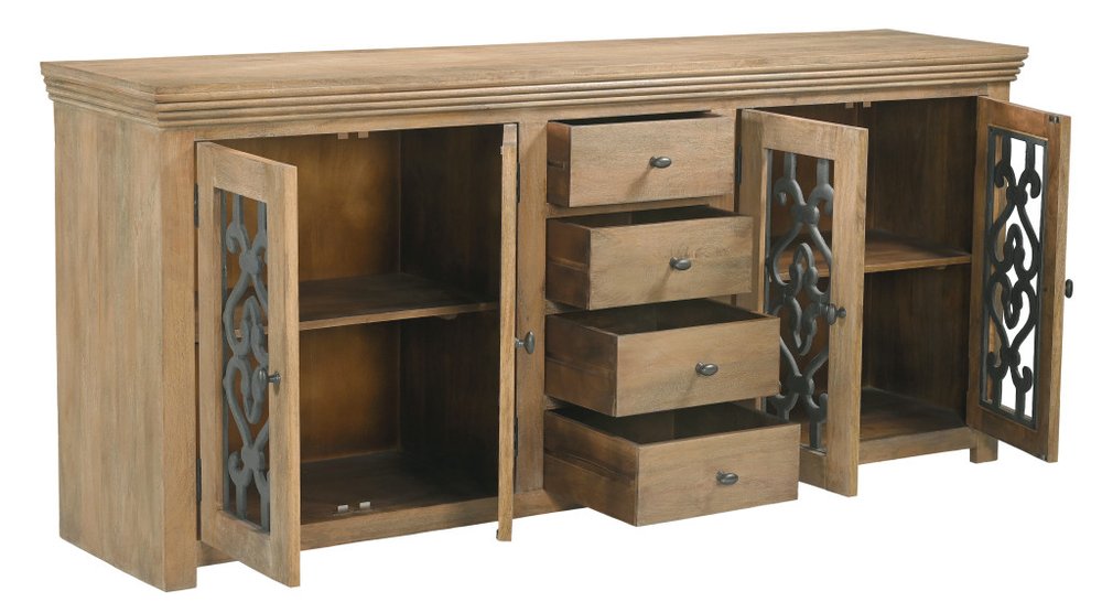 84" Natural Distressed Solid Wood Four Drawer Sideboard Soft Close with Four Glass Doors HomeRoots