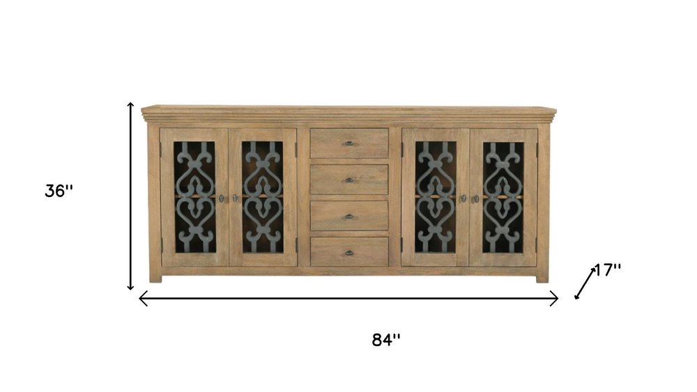 84" Natural Distressed Solid Wood Four Drawer Sideboard Soft Close with Four Glass Doors HomeRoots