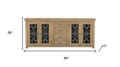 84" Natural Distressed Solid Wood Four Drawer Sideboard Soft Close with Four Glass Doors HomeRoots