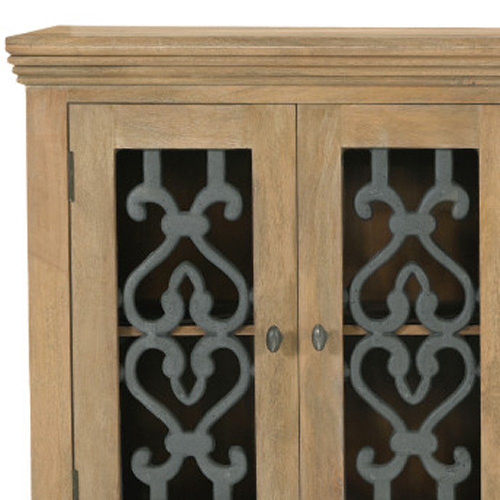 84" Natural Distressed Solid Wood Four Drawer Sideboard Soft Close with Four Glass Doors HomeRoots