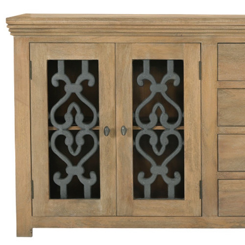 84" Natural Distressed Solid Wood Four Drawer Sideboard Soft Close with Four Glass Doors HomeRoots