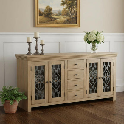 84" Natural Distressed Solid Wood Four Drawer Sideboard Soft Close with Four Glass Doors HomeRoots