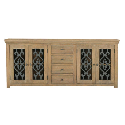 84" Natural Distressed Solid Wood Four Drawer Sideboard Soft Close with Four Glass Doors HomeRoots