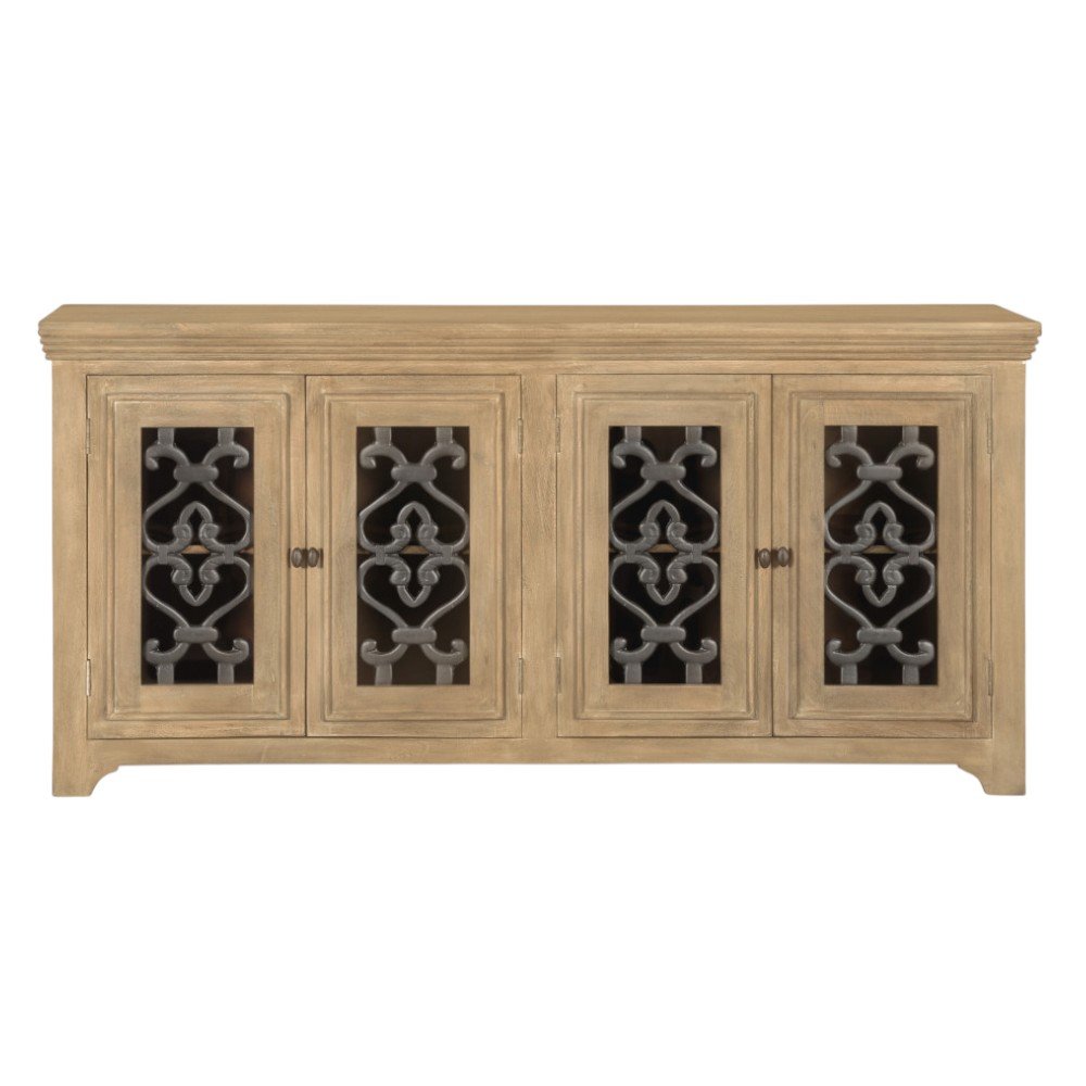 76" Natural Distressed Solid Wood Sideboard Soft Close with Four Glass Doors HomeRoots