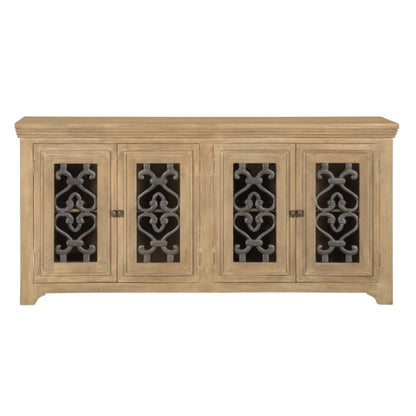 76" Natural Distressed Solid Wood Sideboard Soft Close with Four Glass Doors HomeRoots