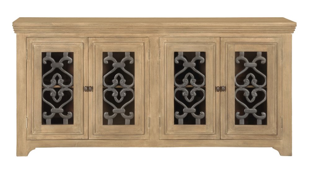 76" Natural Distressed Solid Wood Sideboard Soft Close with Four Glass Doors HomeRoots