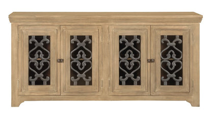 76" Natural Distressed Solid Wood Sideboard Soft Close with Four Glass Doors HomeRoots
