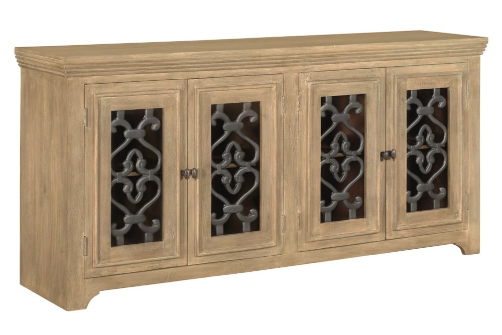 76" Natural Distressed Solid Wood Sideboard Soft Close with Four Glass Doors HomeRoots