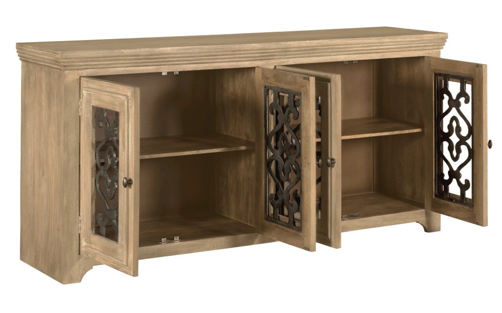 76" Natural Distressed Solid Wood Sideboard Soft Close with Four Glass Doors HomeRoots