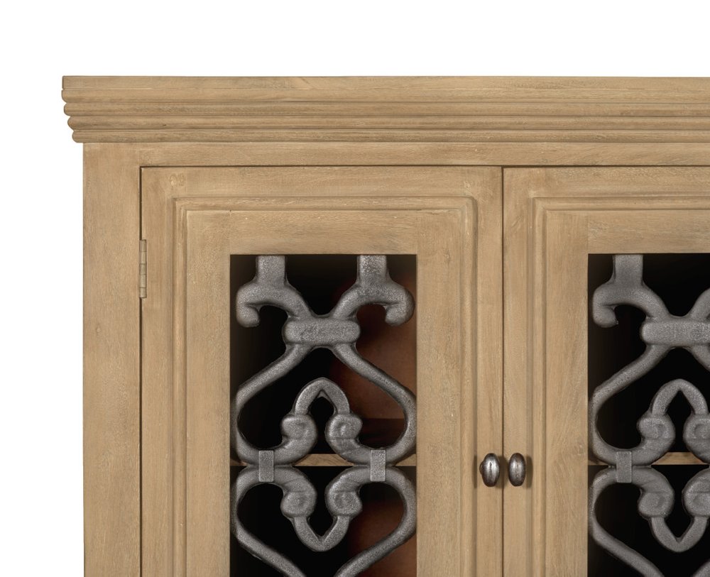 76" Natural Distressed Solid Wood Sideboard Soft Close with Four Glass Doors HomeRoots