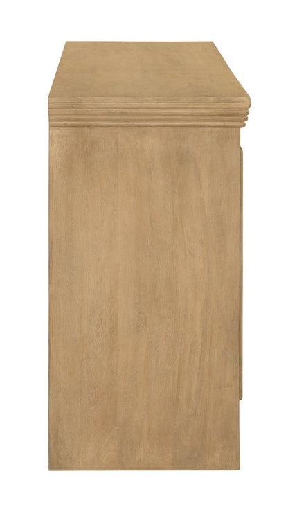 76" Natural Distressed Solid Wood Sideboard Soft Close with Four Glass Doors HomeRoots