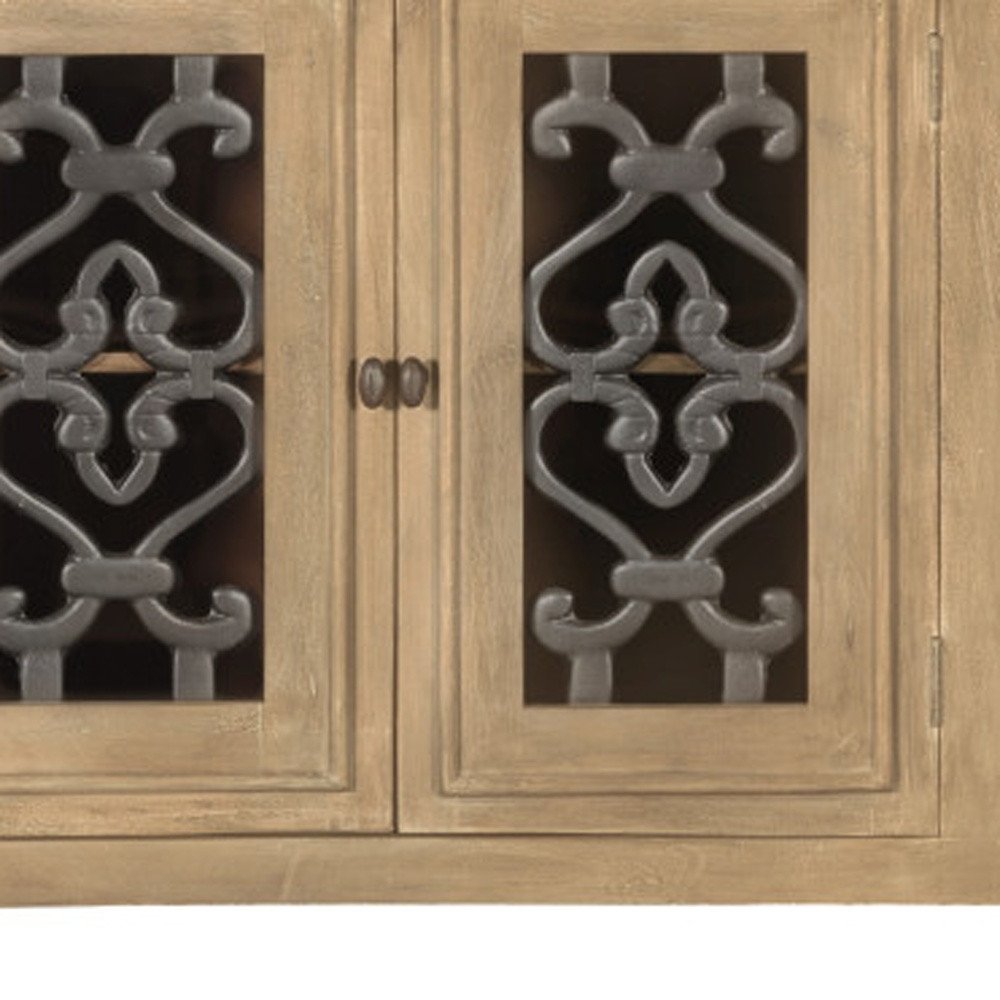 76" Natural Distressed Solid Wood Sideboard Soft Close with Four Glass Doors HomeRoots