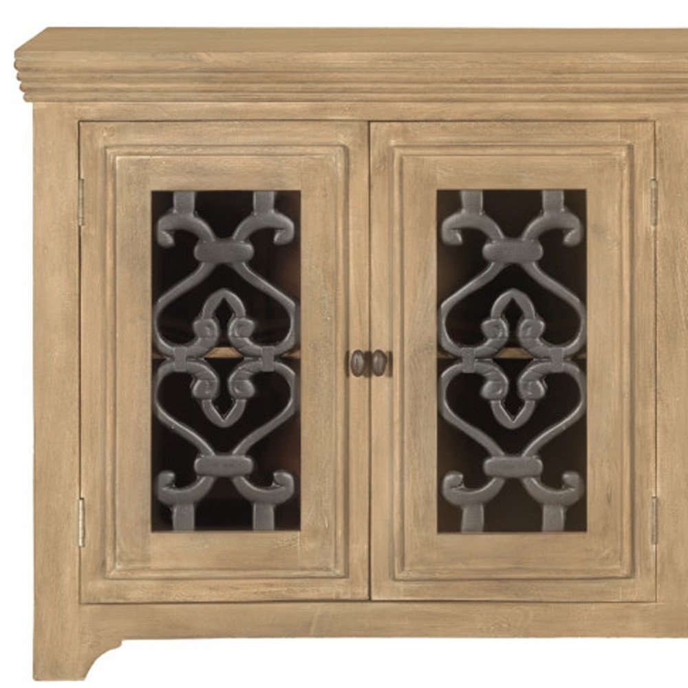 76" Natural Distressed Solid Wood Sideboard Soft Close with Four Glass Doors HomeRoots