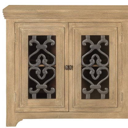 76" Natural Distressed Solid Wood Sideboard Soft Close with Four Glass Doors HomeRoots