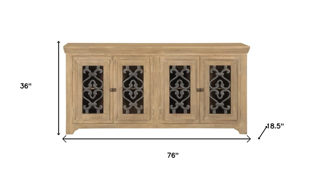 76" Natural Distressed Solid Wood Sideboard Soft Close with Four Glass Doors HomeRoots