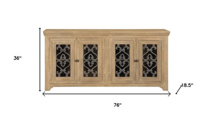 76" Natural Distressed Solid Wood Sideboard Soft Close with Four Glass Doors HomeRoots