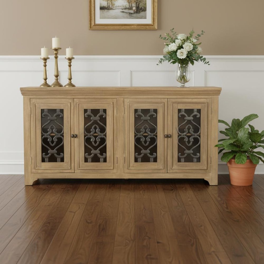76" Natural Distressed Solid Wood Sideboard Soft Close with Four Glass Doors HomeRoots