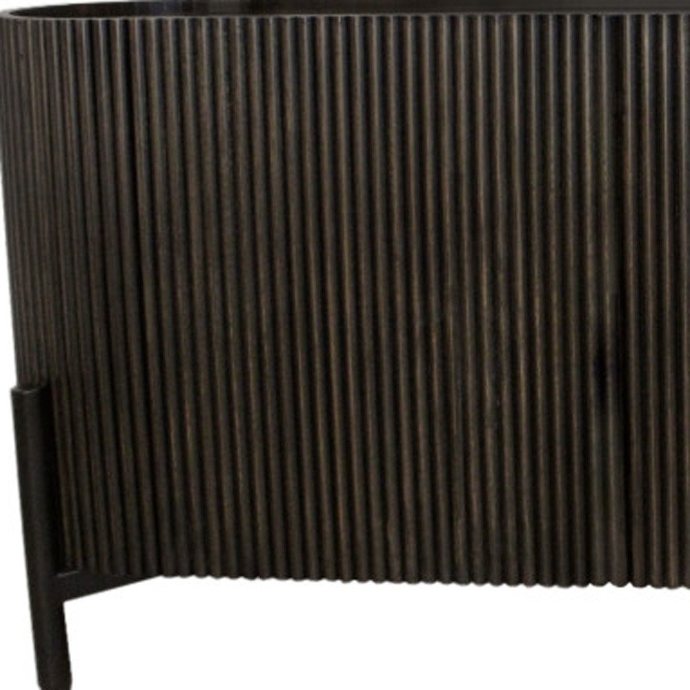 80" Brown Distressed Solid Wood Ribbed Texture Sideboard with Three Doors HomeRoots
