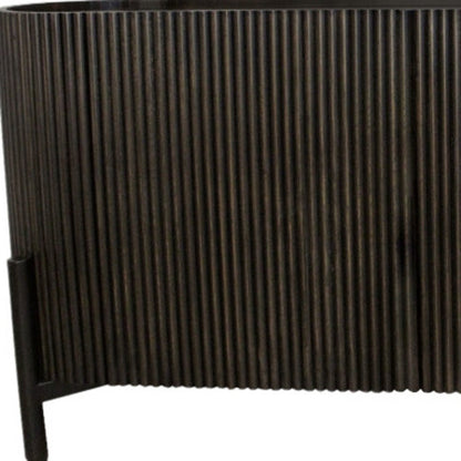 80" Brown Distressed Solid Wood Ribbed Texture Sideboard with Three Doors HomeRoots