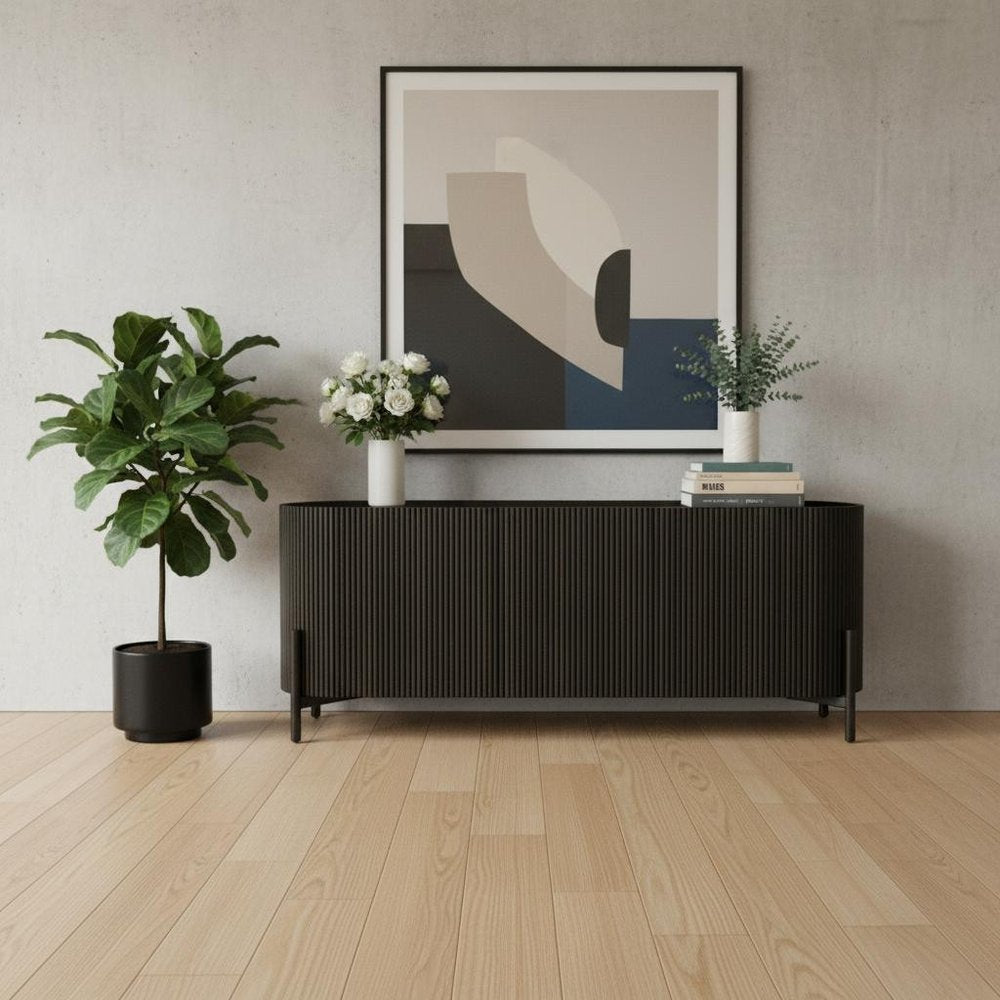 80" Brown Distressed Solid Wood Ribbed Texture Sideboard with Three Doors HomeRoots