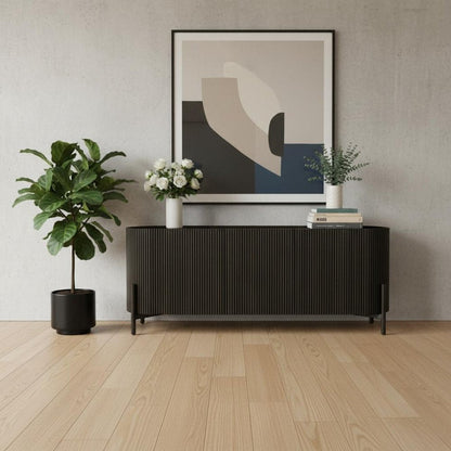 80" Brown Distressed Solid Wood Ribbed Texture Sideboard with Three Doors HomeRoots