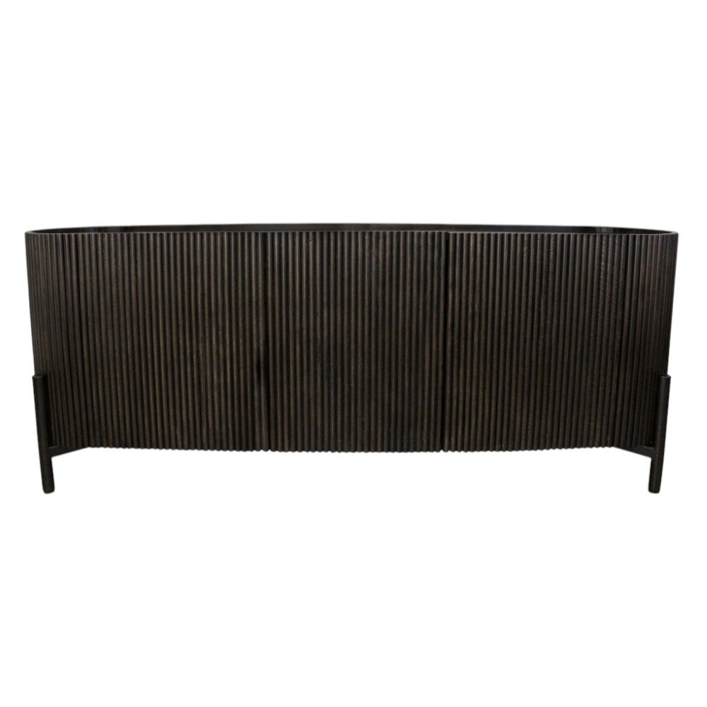 80" Brown Distressed Solid Wood Ribbed Texture Sideboard with Three Doors HomeRoots