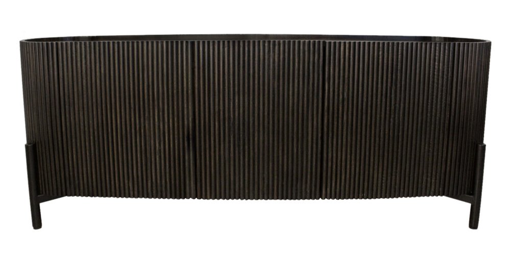 80" Brown Distressed Solid Wood Ribbed Texture Sideboard with Three Doors HomeRoots
