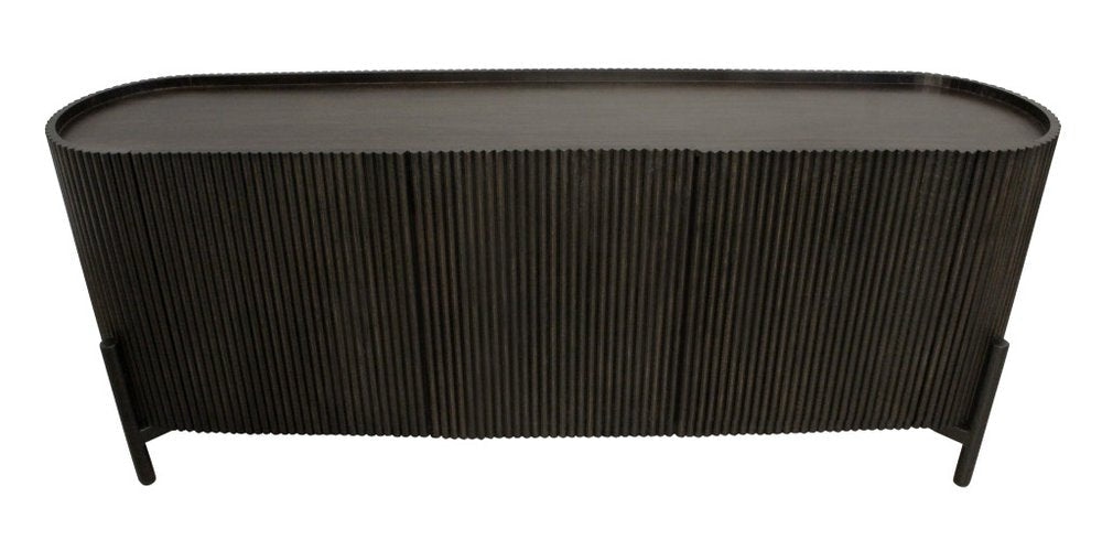 80" Brown Distressed Solid Wood Ribbed Texture Sideboard with Three Doors HomeRoots