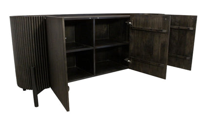 80" Brown Distressed Solid Wood Ribbed Texture Sideboard with Three Doors HomeRoots