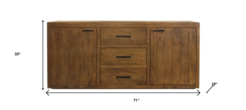 71" Chestnut Distressed Solid Wood Three Drawer Sideboard with Two Doors HomeRoots