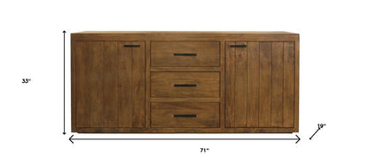 71" Chestnut Distressed Solid Wood Three Drawer Sideboard with Two Doors HomeRoots