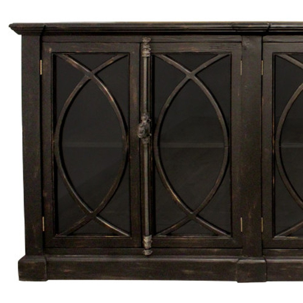 113" Black Distressed Solid Wood Sideboard with Six Glass Doors HomeRoots