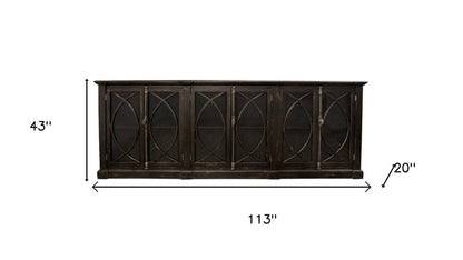 113" Black Distressed Solid Wood Sideboard with Six Glass Doors HomeRoots