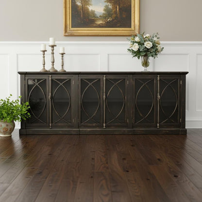 113" Black Distressed Solid Wood Sideboard with Six Glass Doors HomeRoots