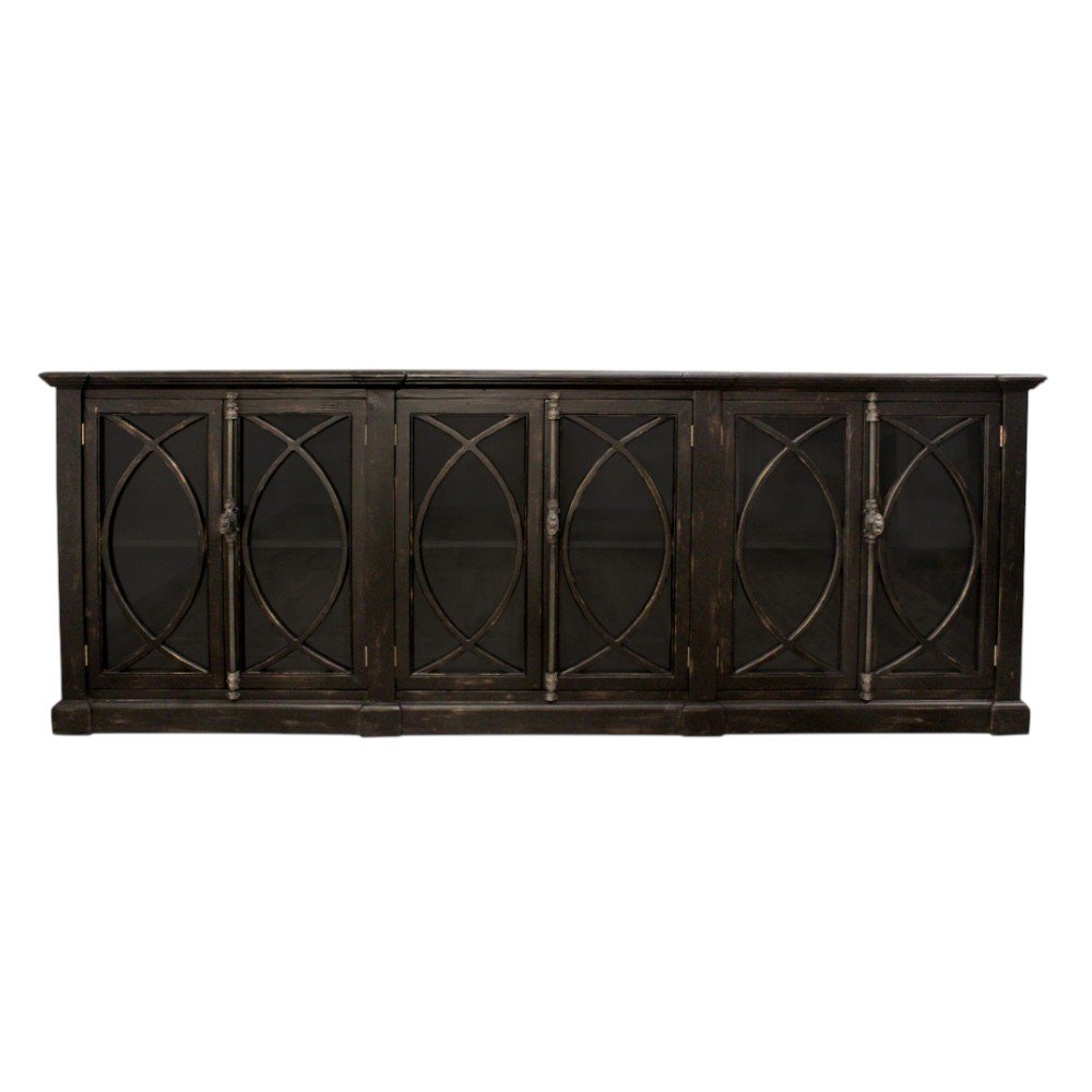 113" Black Distressed Solid Wood Sideboard with Six Glass Doors HomeRoots